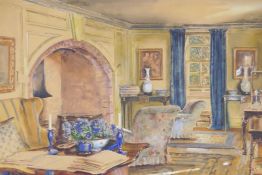Interior scene with a writing desk by a fireside, watercolour on card, signed indistinctly, early
