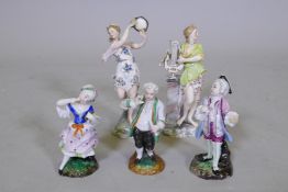 Five continental hard paste porcelain figures, all damaged, largest 18cm high