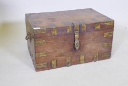 An Anglo Indian teak campaign style correspondence box, with brass mounts, the lift up top revealing