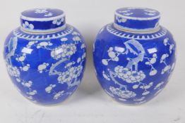 A pair of Chinese blue and white hawthorn pattern ginger jars and covers, 20cm high