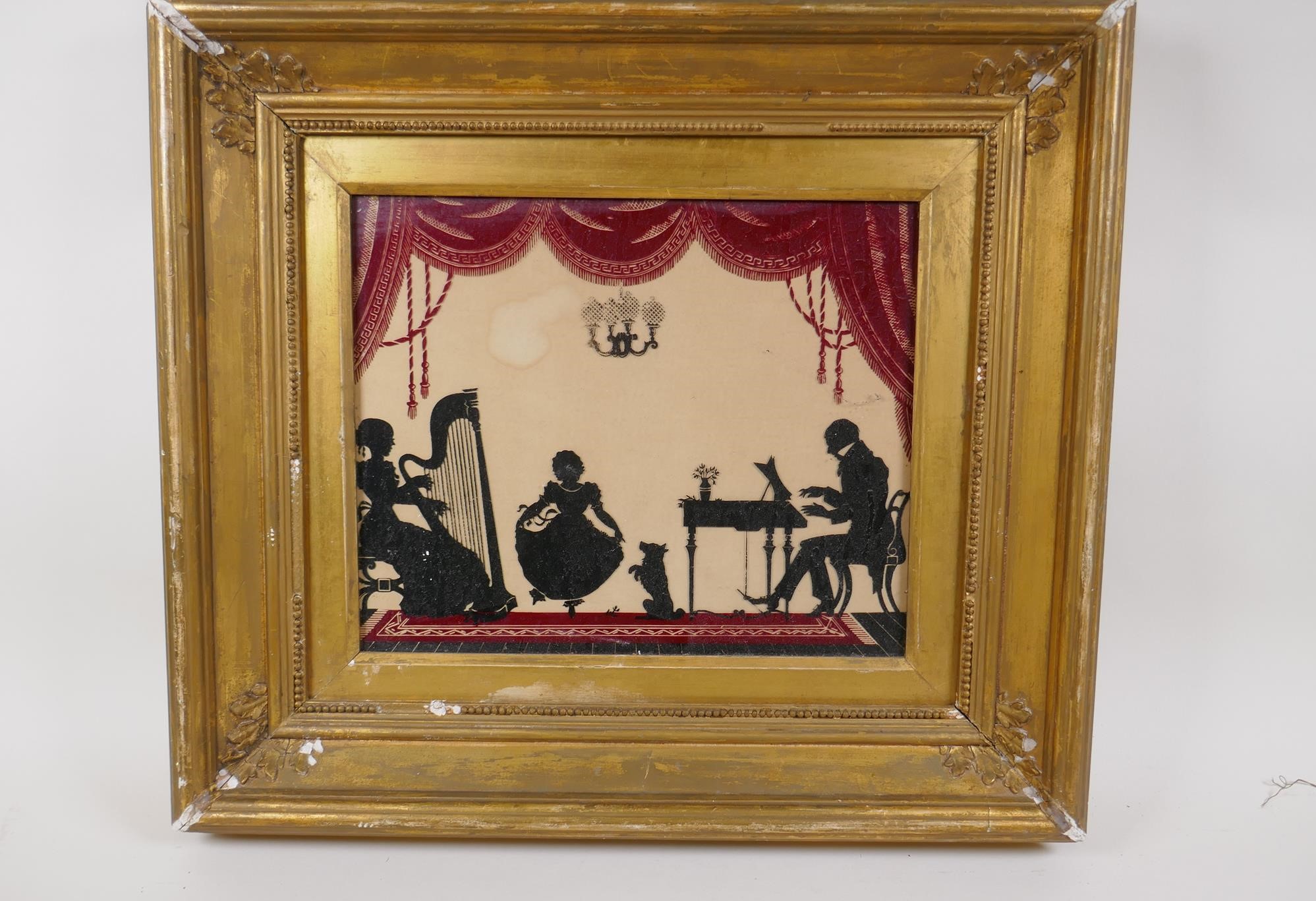 A C19th reverse painting on glass depicting a musical evening in a silhouette style, 30 x 24cm - Image 3 of 5