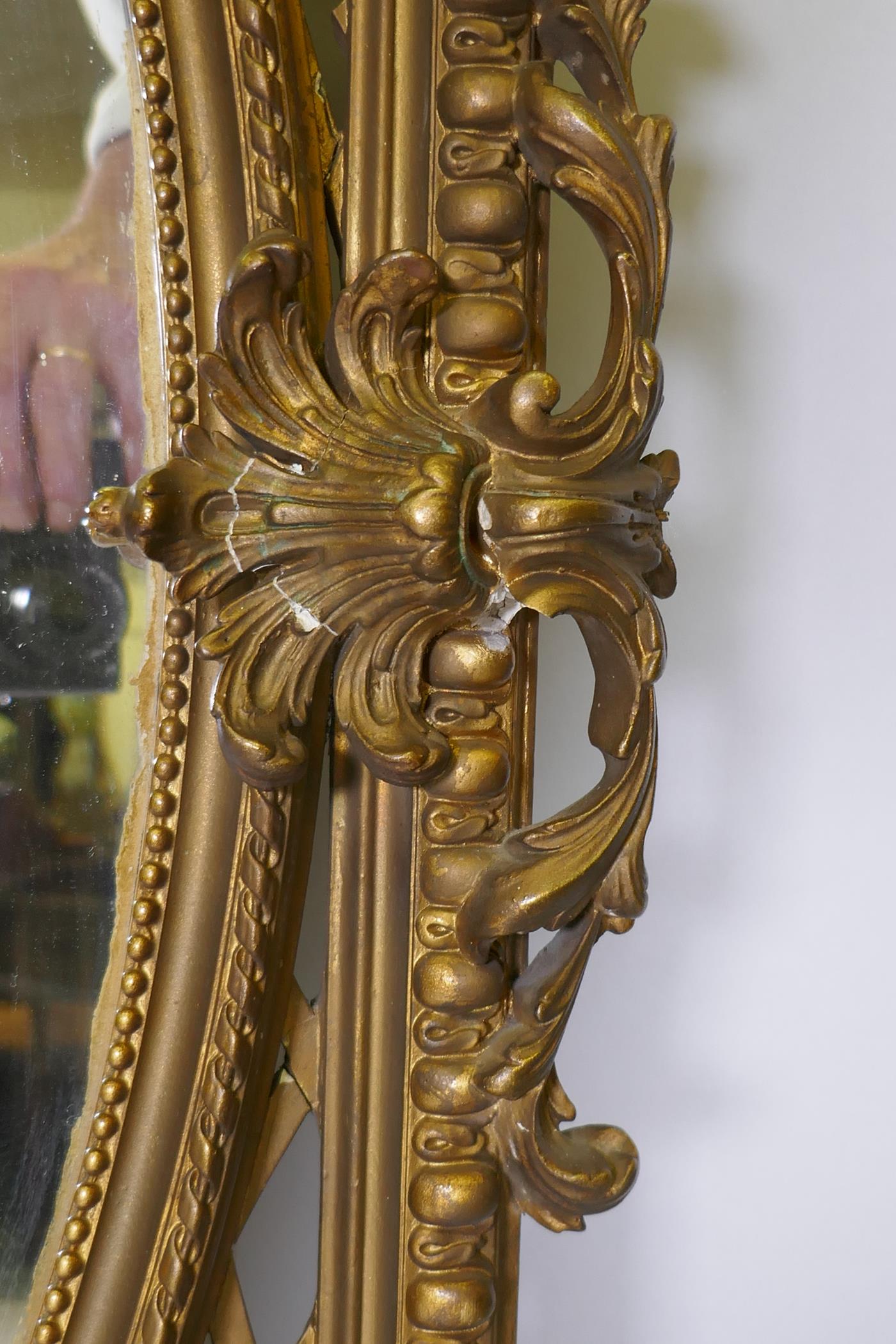 A C19th Continental giltwood and plaster wall mirror, with bevelled glass and pierced spandrels, - Image 3 of 4