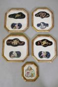 Five C19th panels inset with Chinese lacquer and porcelain fragments, in distressed giltwood and