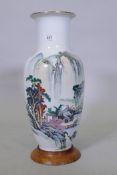 A Chinese famille vert porcelain vase, decorated with a landscape and inscription verso, late C20th,