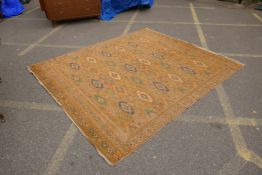 A Turkistan orange ground carpet with a repeating Bokhara style pattern, 220 x 260cms