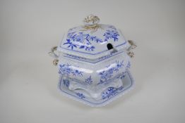 A C19th blue and white stoneware tureen, cover and stand by J & W Ridgway, 30cm high