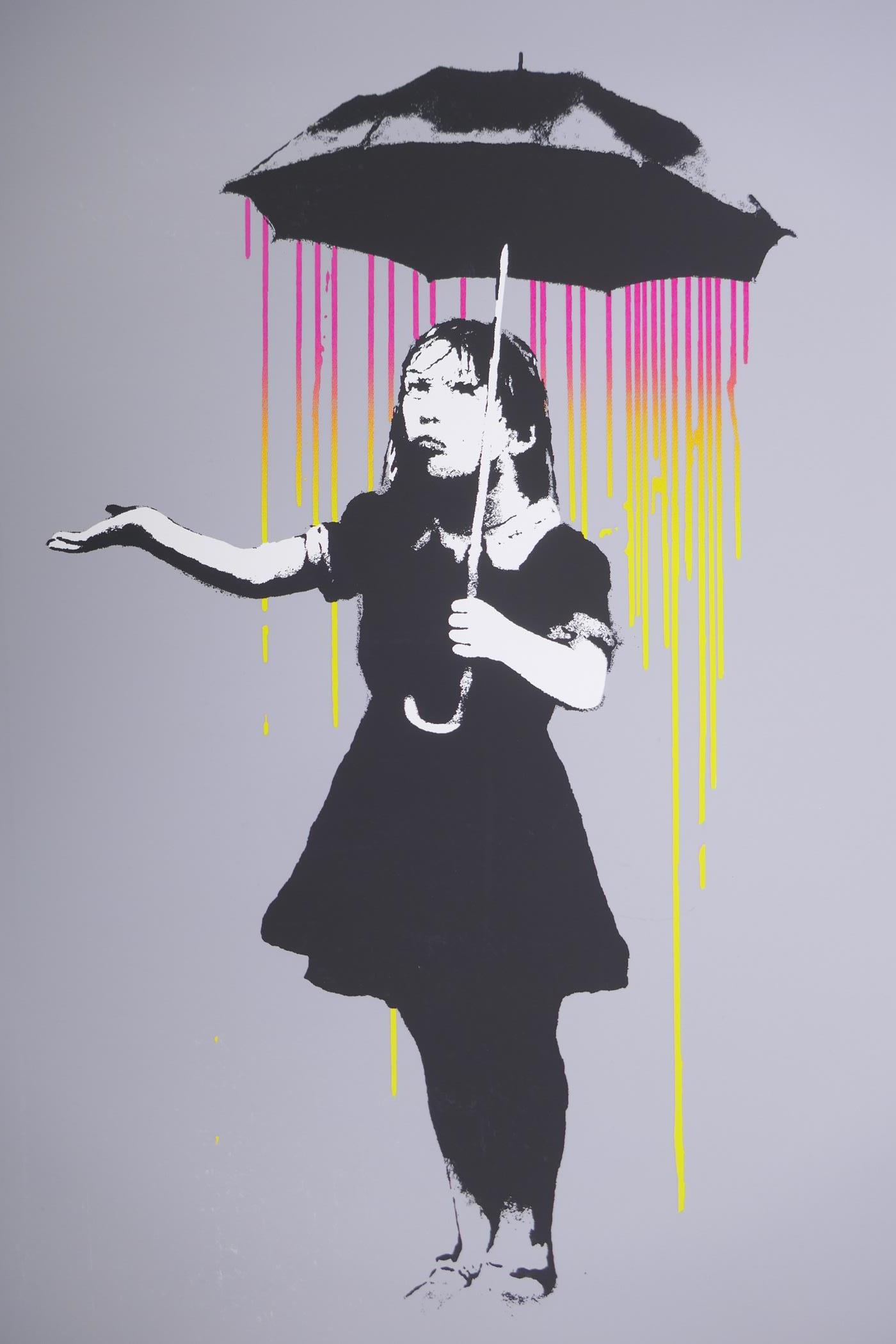 Banksy, Nola, girl with umbrella, limited edition copy screen print No 262/500 by the West Country