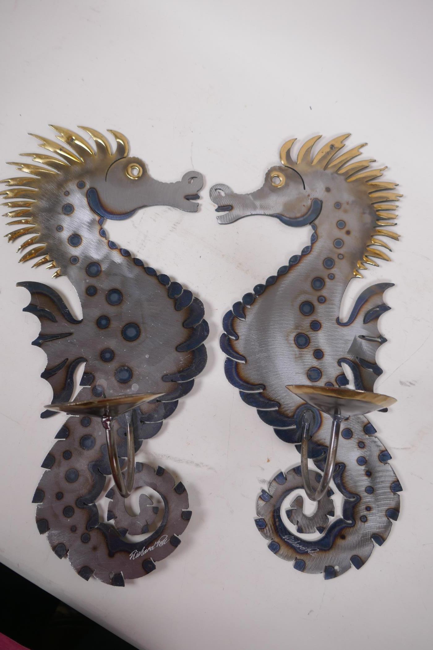 A pair of decorative 'seahorse' candle wall brackets, signed Richard Pell, 42cm high - Image 2 of 4