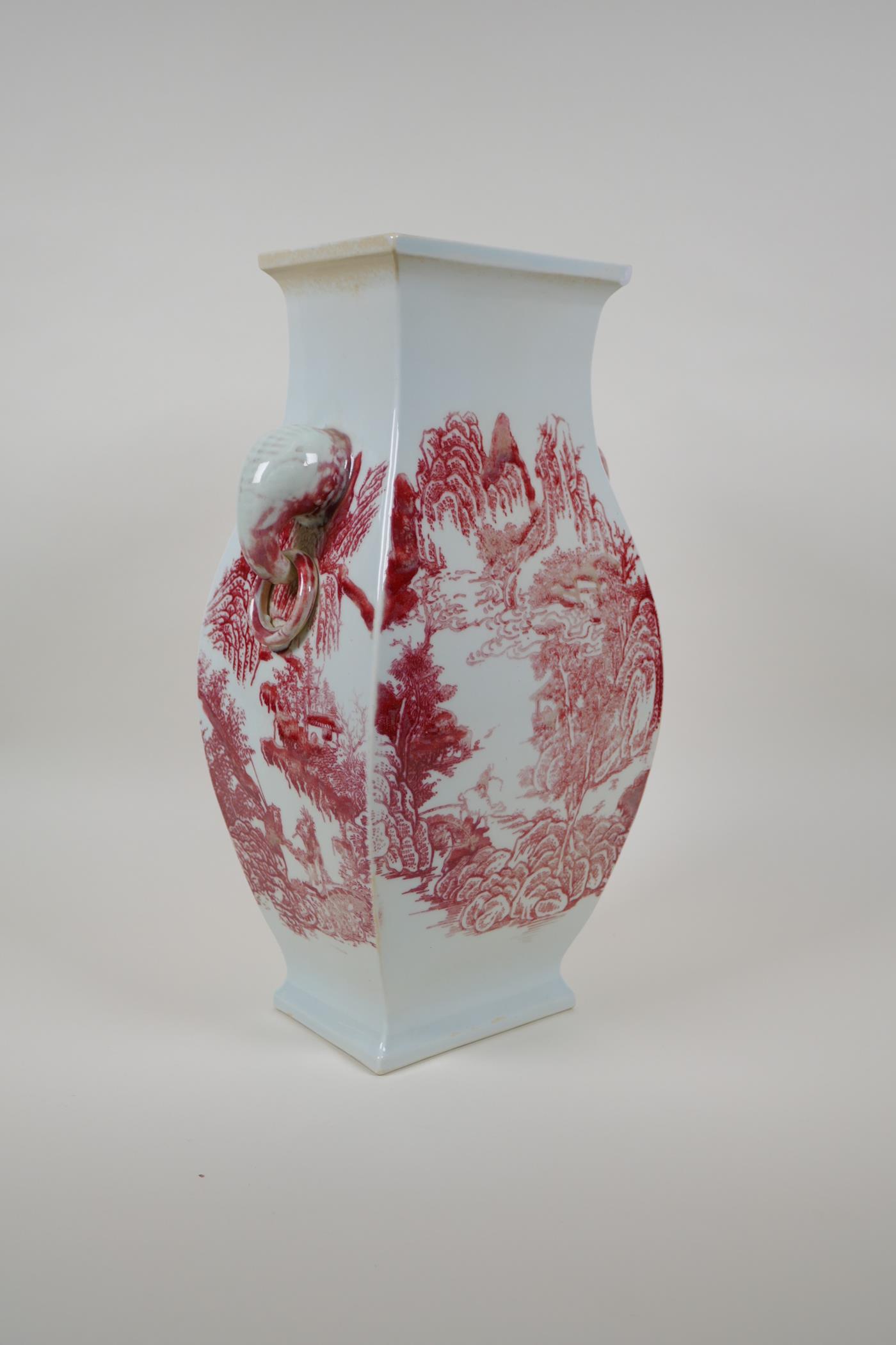 A red and white porcelain vase with two elephant mask handles, decorated with mountain landscape - Image 2 of 8