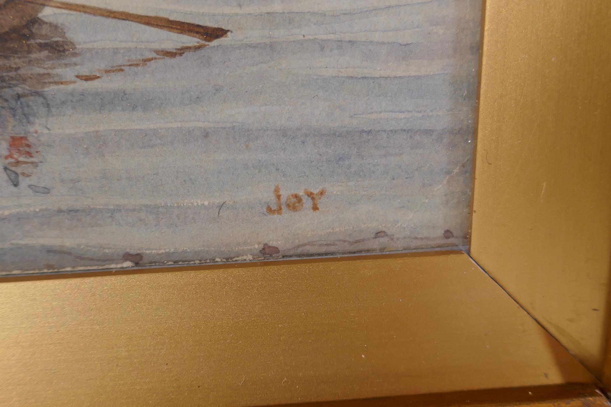 Fishing boats on calm waters with fishermen, early C19th watercolour, inscribed 'Joy', 24 x 16cms - Image 3 of 4