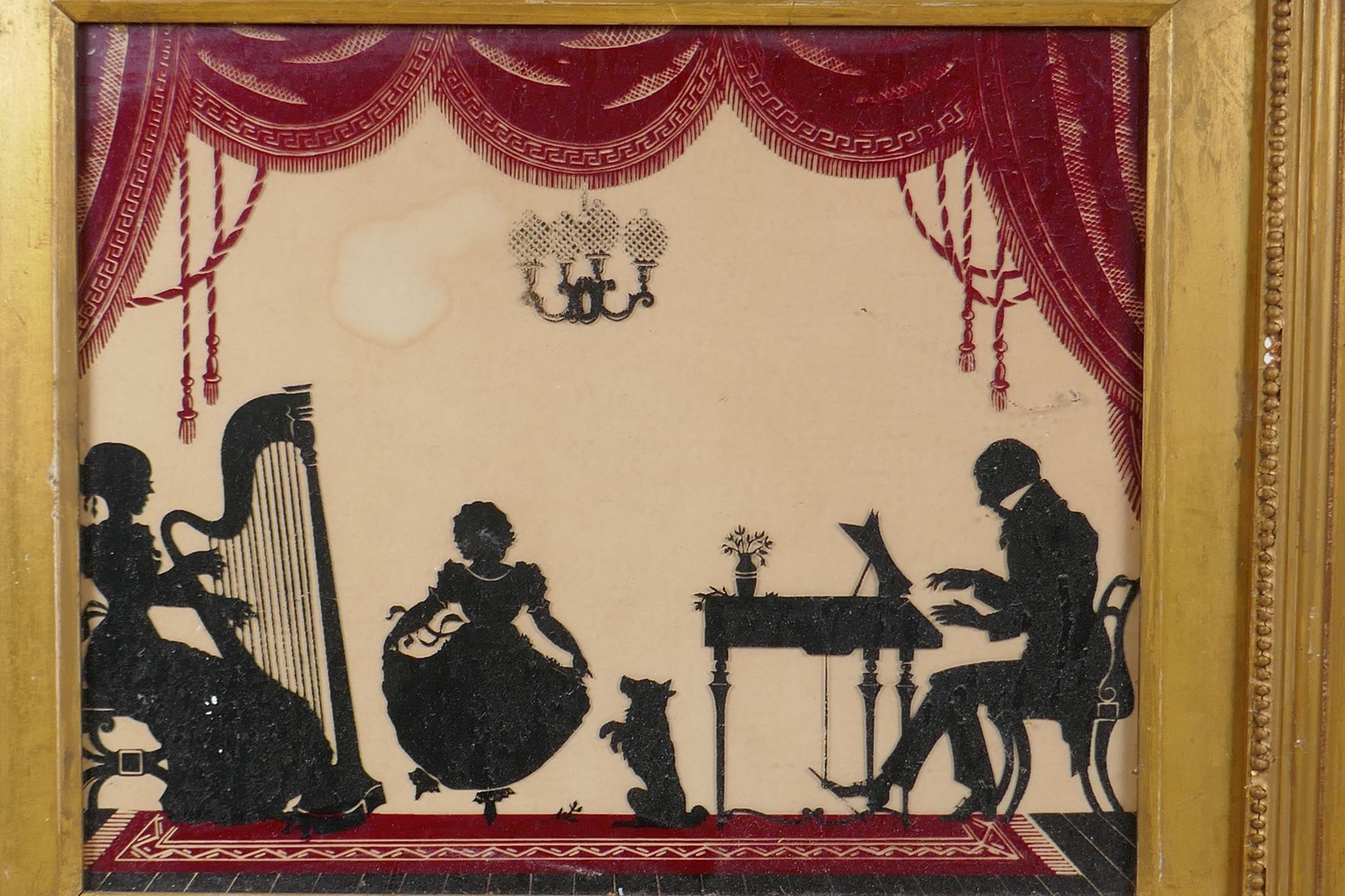 A C19th reverse painting on glass depicting a musical evening in a silhouette style, 30 x 24cm - Image 2 of 5