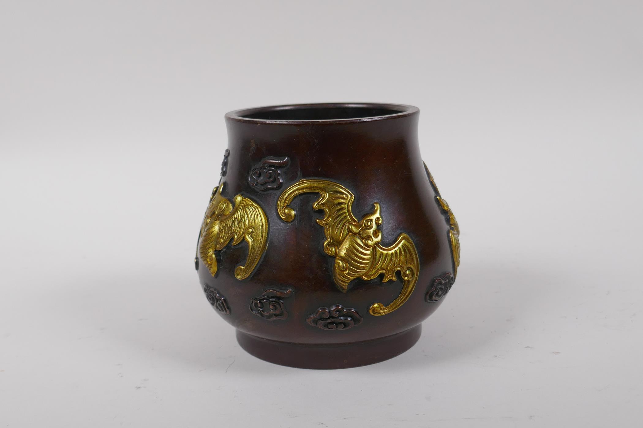 A Chinese bronze censer with raised and gilt bat decoration, impressed 4 character mark to base, - Image 2 of 5