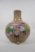 An oriental two tone marbled pottery storage / wine jar, decorated with three figures concocting a