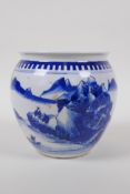 A blue and white pot decorated with figures in a riverside landscape, Chinese KangXi 6 character