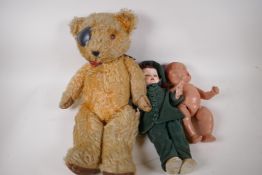 Two vintage dolls and a teddy bear, 57cm high