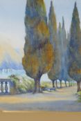 Cypress trees on a lakeside, continental watercolour, 22 x 26cm