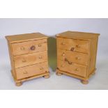 A pair of pine three drawer  bedside chests, 51 x 38cms, 62cm high