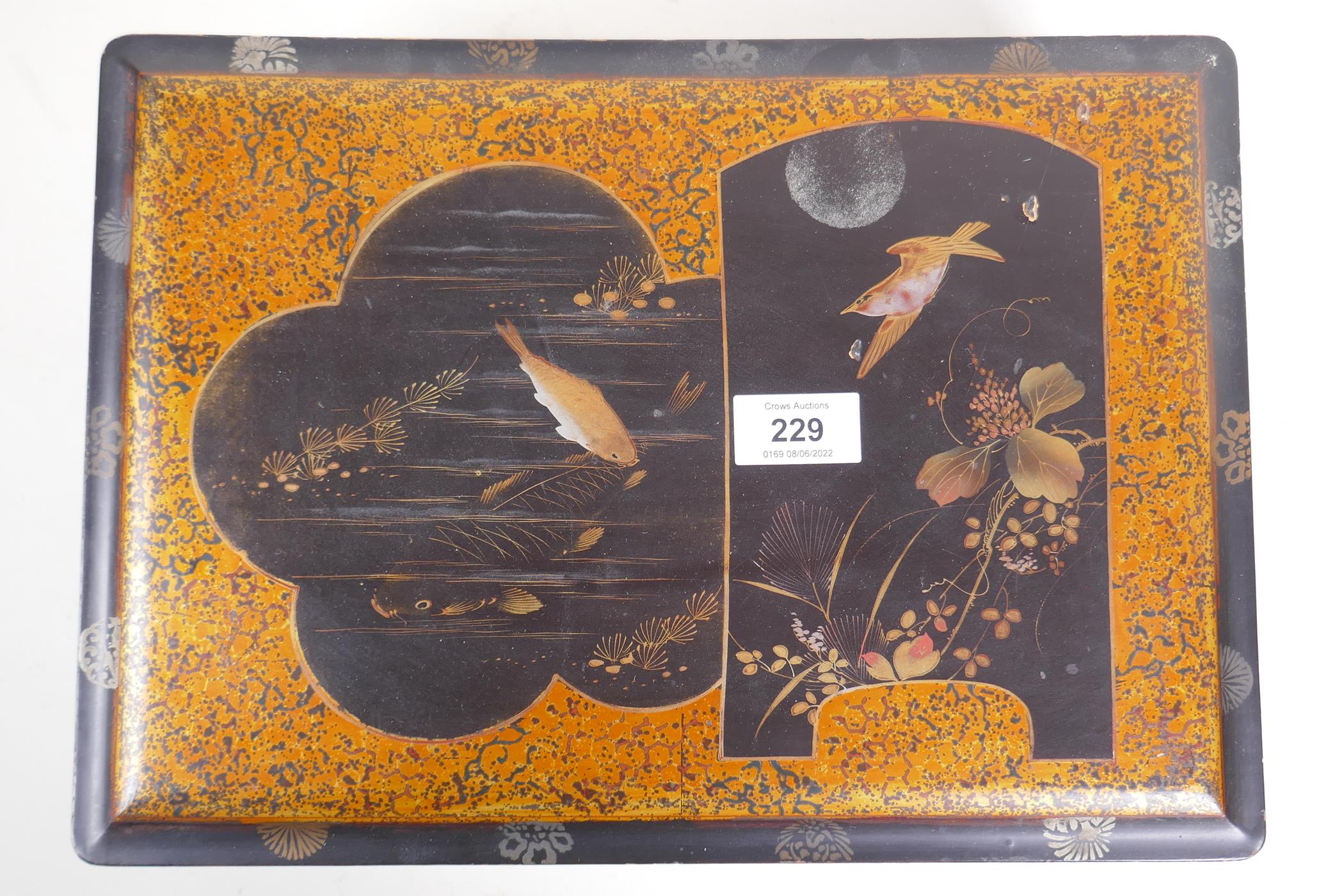 A Meiji lacquer box with gilt decoration of carp and a birds in a moonlit sky, 36 x 26 x 13 cm - Image 4 of 4