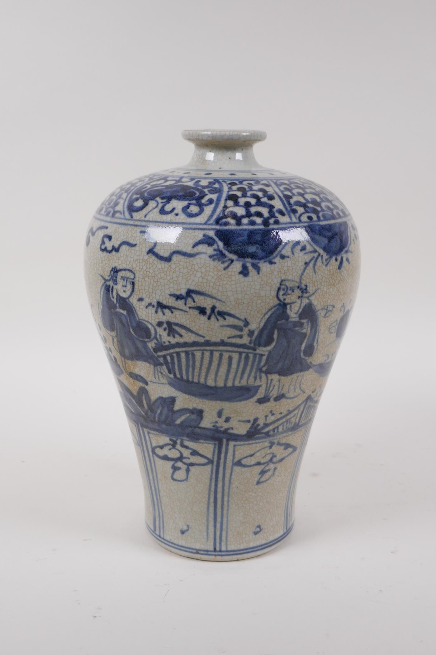 A Chinese blue and white crackleware meiping vase, decorated with figures in a landscape,