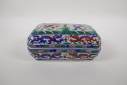 A Wucai porcelain scribes box and cover with dragon and flaming pearl decoration, Chinese Wanli 6