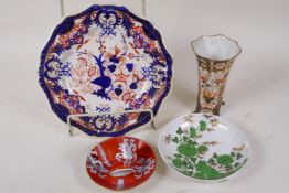 A Crown Derby Imari pattern vase, 14cm high, together with a Derby plate, cabinet cup and saucer etc