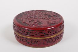 A Chinese cinnabar lacquer style box and over with brass edge, 6 character mark to base, 10cm