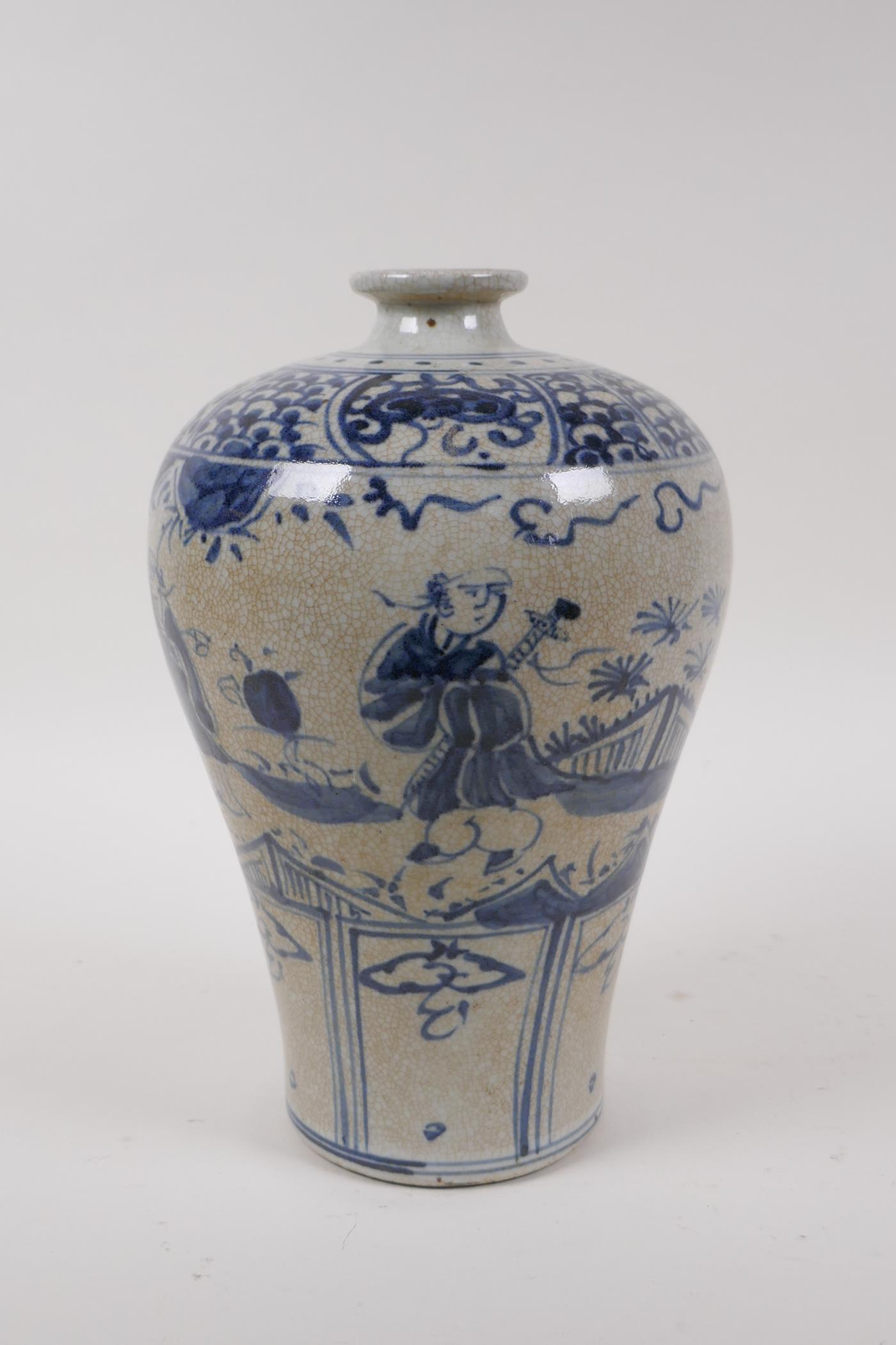 A Chinese blue and white crackleware meiping vase, decorated with figures in a landscape, - Image 2 of 5
