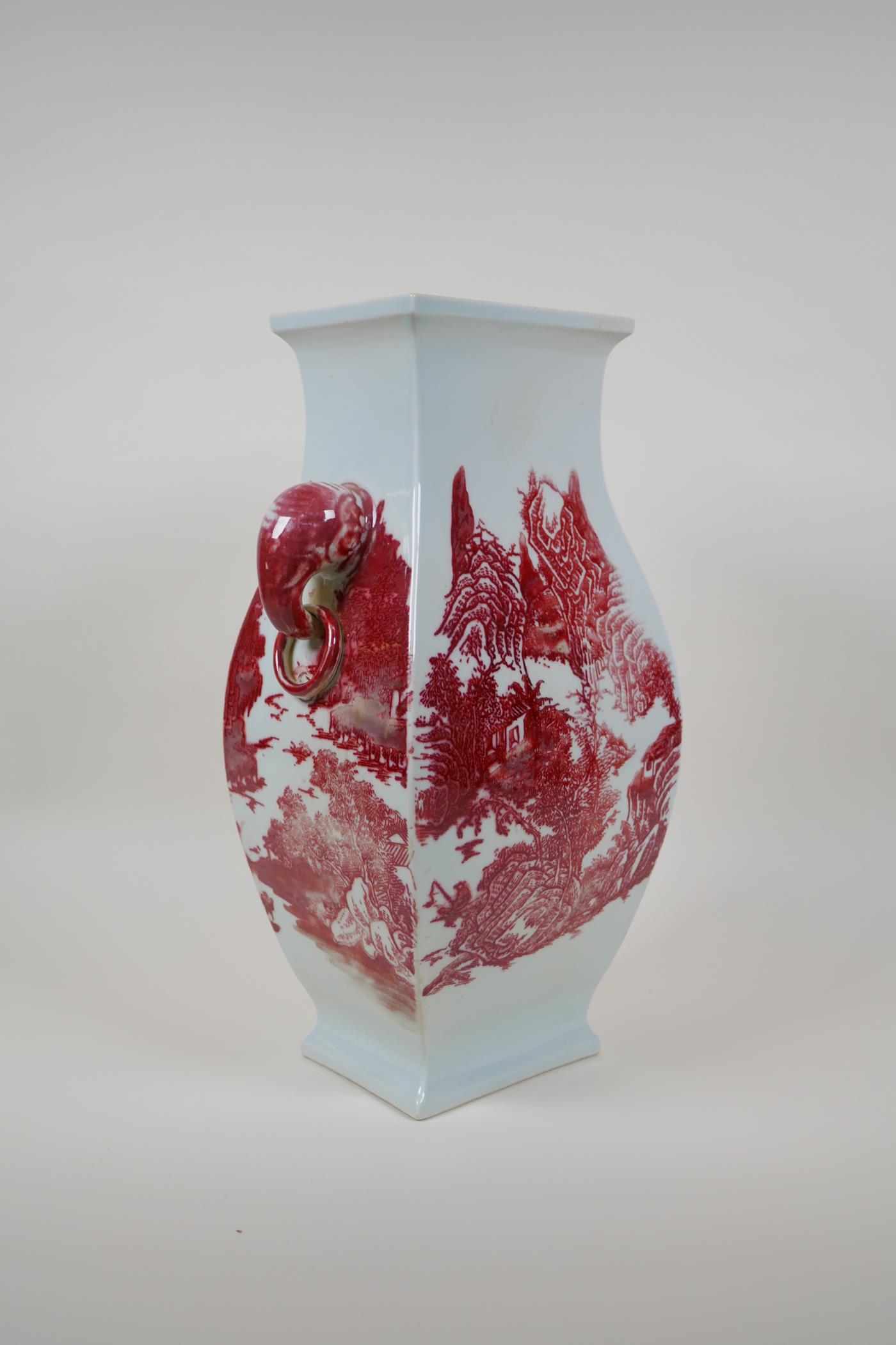 A red and white porcelain vase with two elephant mask handles, decorated with mountain landscape - Image 3 of 8