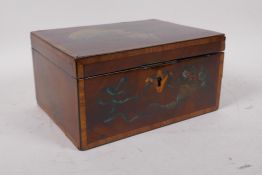 A C19th mahogany box with satinwood banding and painted decoration, 22 x 16 x 11cms, minor losses