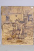 Farm worker seated in a yard, signed Van Gocha, oil on canvas, mid C20th, 60 x 73cms