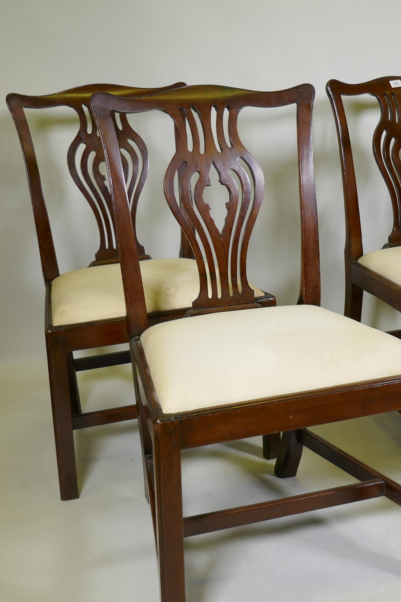 Four C19th mahogany dining chairs with pierced vase splat backs, drop in seats, raised on square - Image 2 of 2