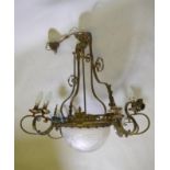 An early C20th bronze four branch, twelve lamp hanging ceiling lamp with etched and cut glass shade,