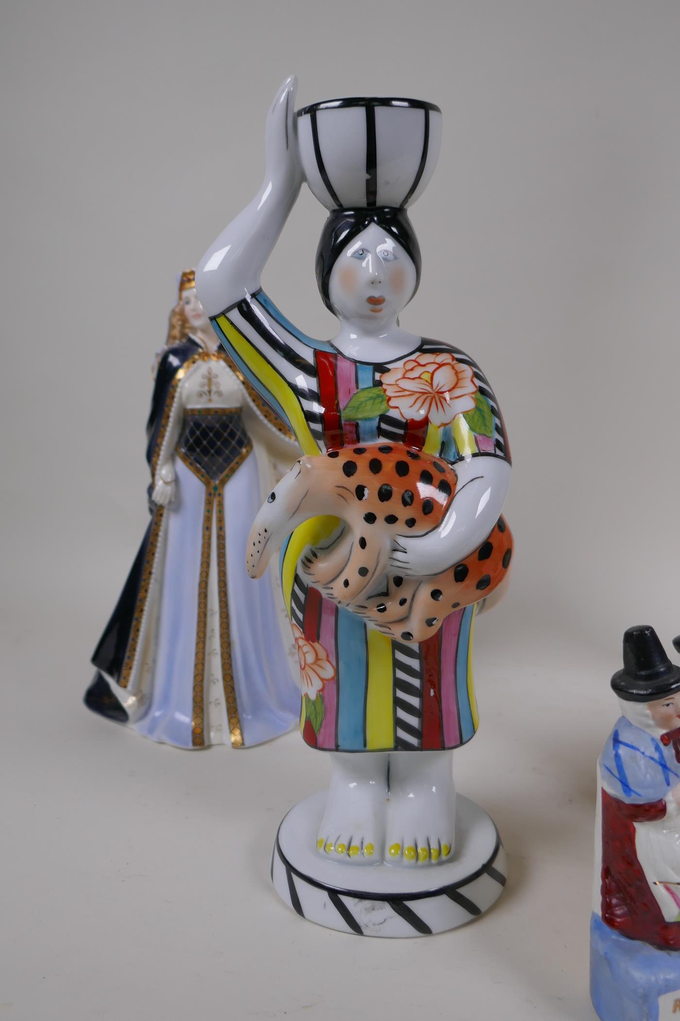 A Villeroy and Bosch porcelain candlestick figure of a woman with an anteater designed by - Image 5 of 6