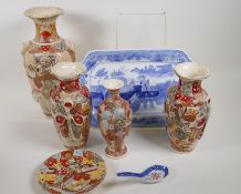A collection of oriental ceramics including Satsuma, and a Chinese blue and white platter, 33 x