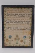 A C19th needlework sampler, relating to the Davis family, 25 x 35cms