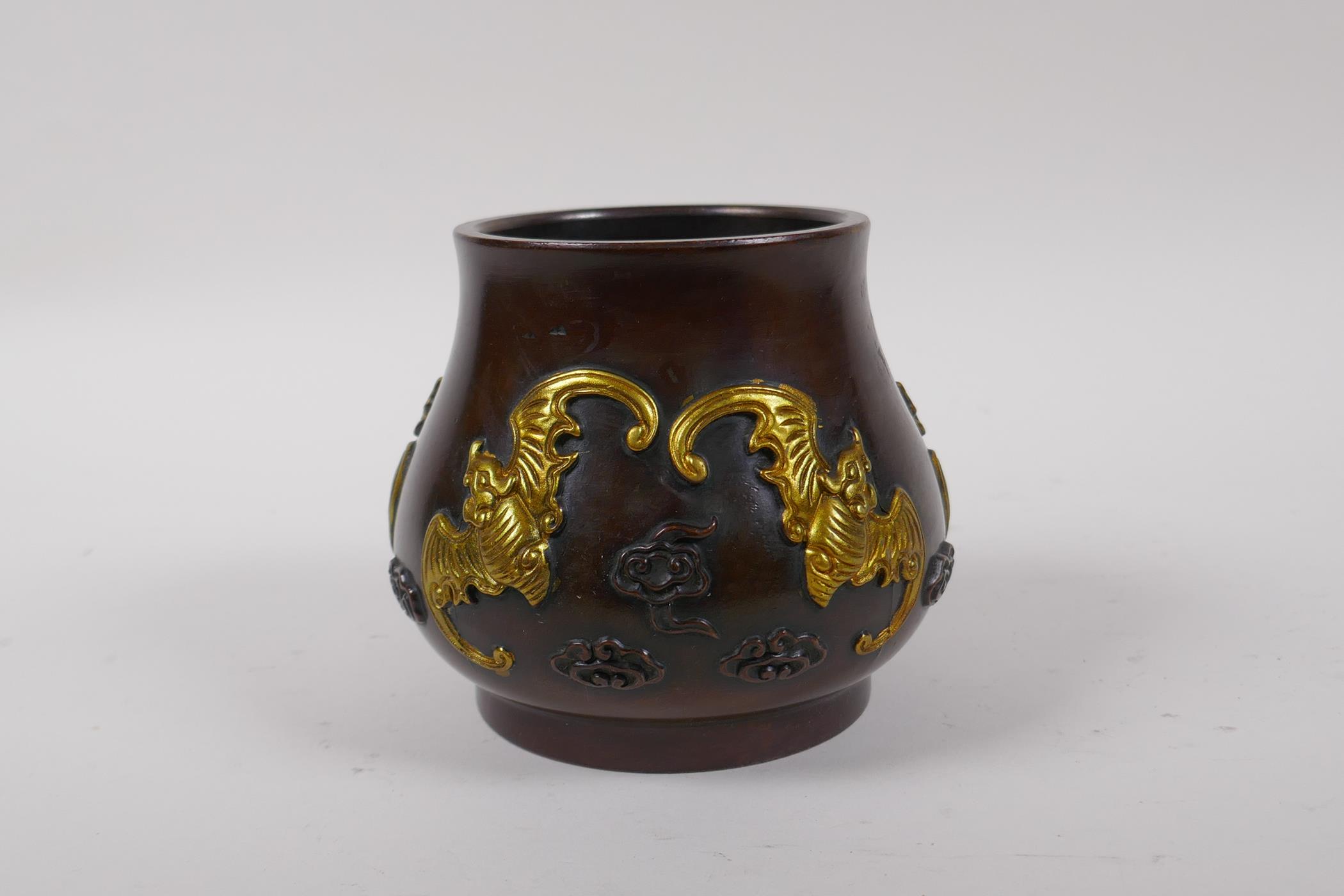 A Chinese bronze censer with raised and gilt bat decoration, impressed 4 character mark to base, - Image 3 of 5