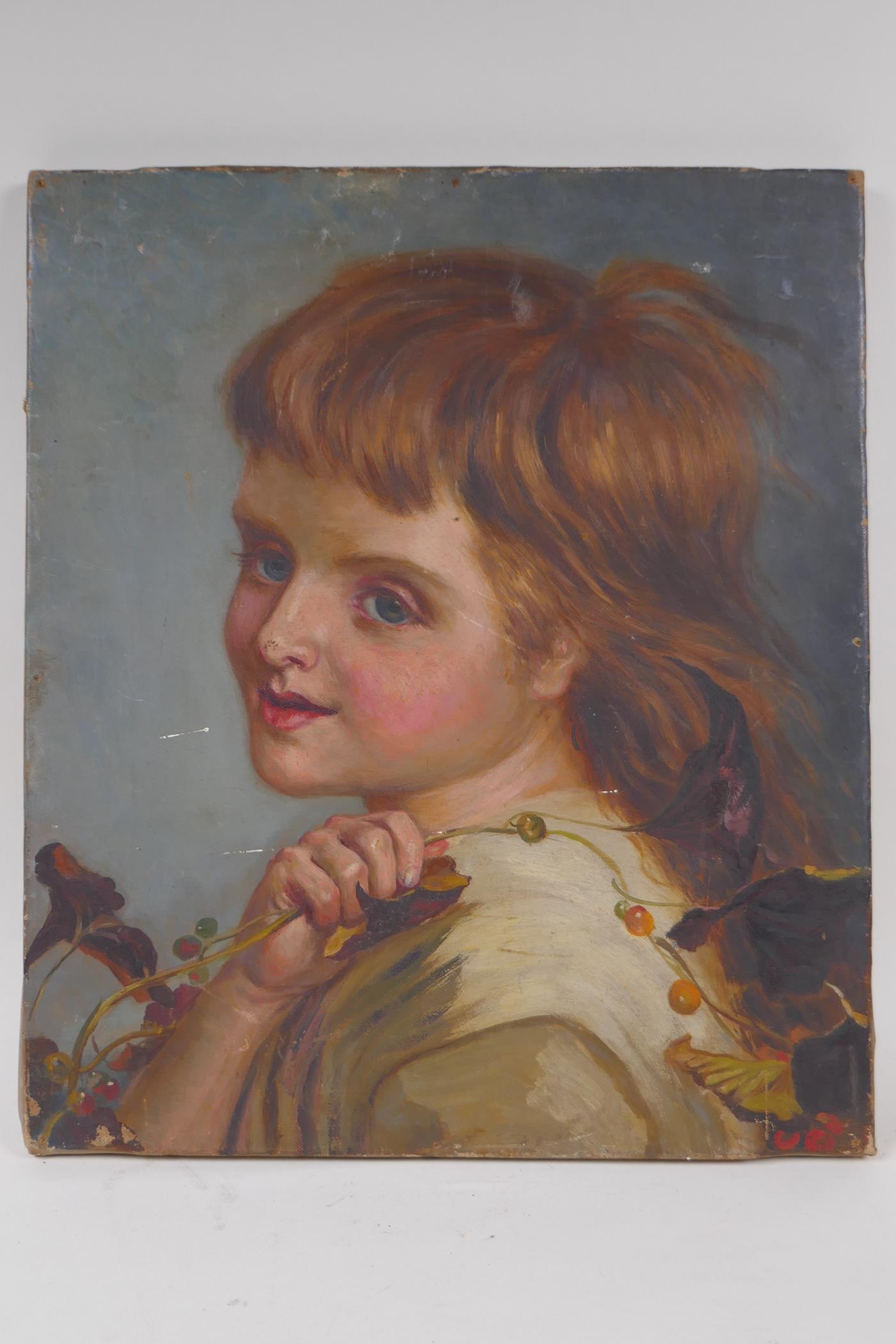 A C19th portrait of a young girl, inscribed to stretcher 'Starbuck', unframed oil on canvas, 31cm - Image 2 of 4