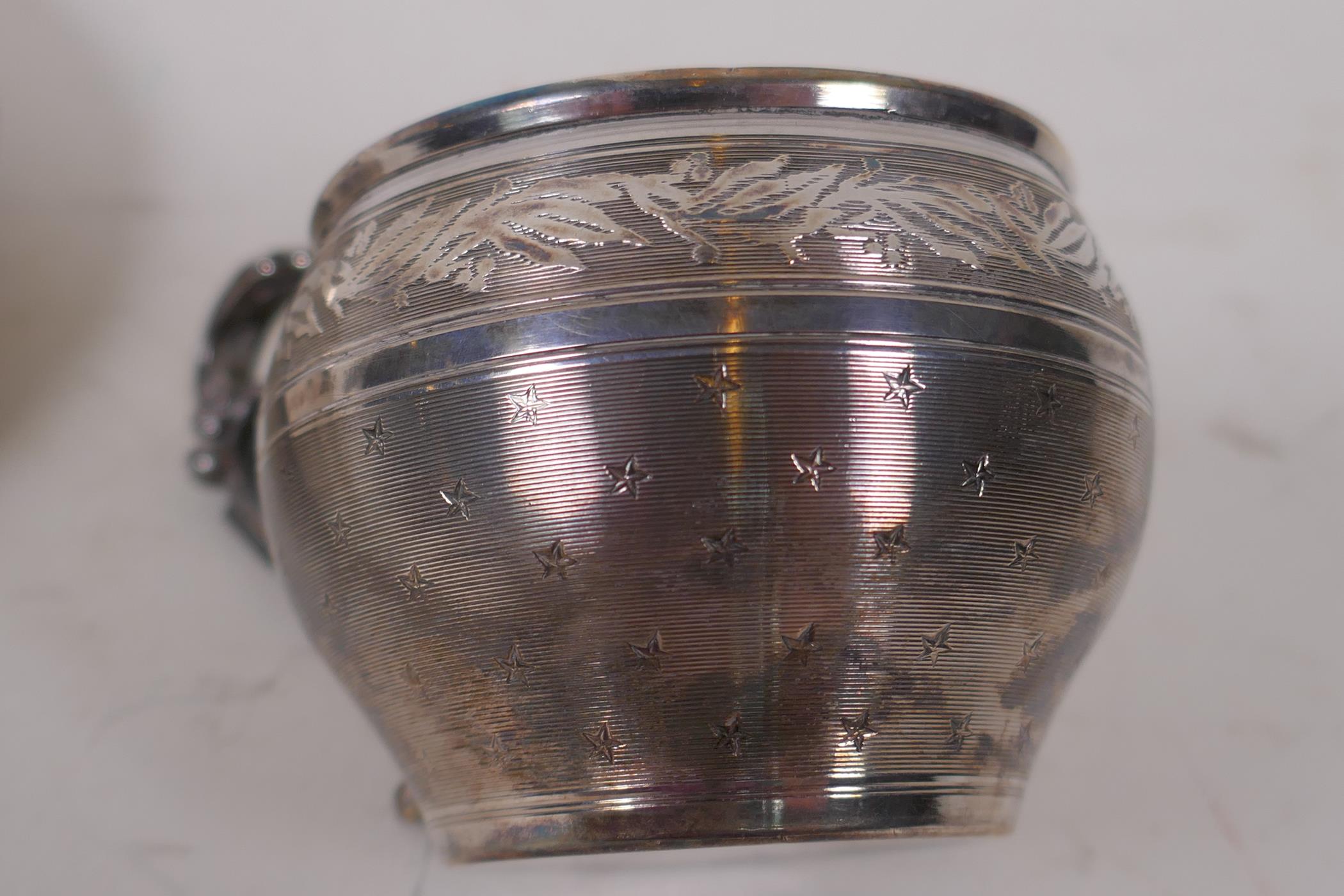 An antique French silver christening cup and saucer with delicate engraved decoration, marked A - Image 2 of 4