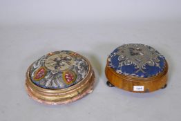 A C19th parcel gilt foot stool wit beadwork cushion, 30cm diameter, and a walnut stool similar