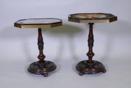 A pair of C19th mahogany side tables with ebonised decoration and brass mounts, the tops inset