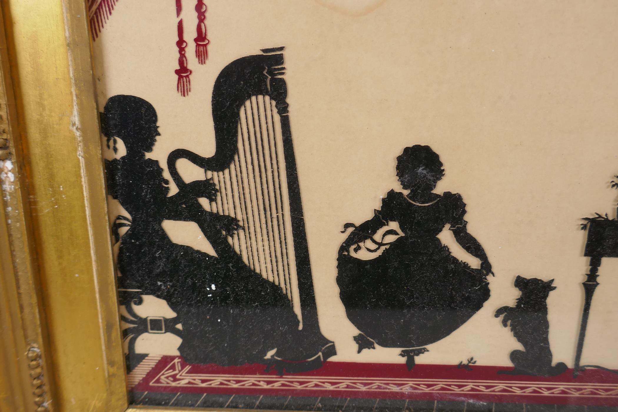 A C19th reverse painting on glass depicting a musical evening in a silhouette style, 30 x 24cm - Image 5 of 5