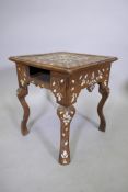 An Ottoman inlaid hardwood occasional table with losses and missing drawer, 40 x 40cms, 44cm high