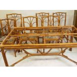 A bamboo cane conservatory suite of four + two chairs, and table en suite, lacks glass top, 150 x