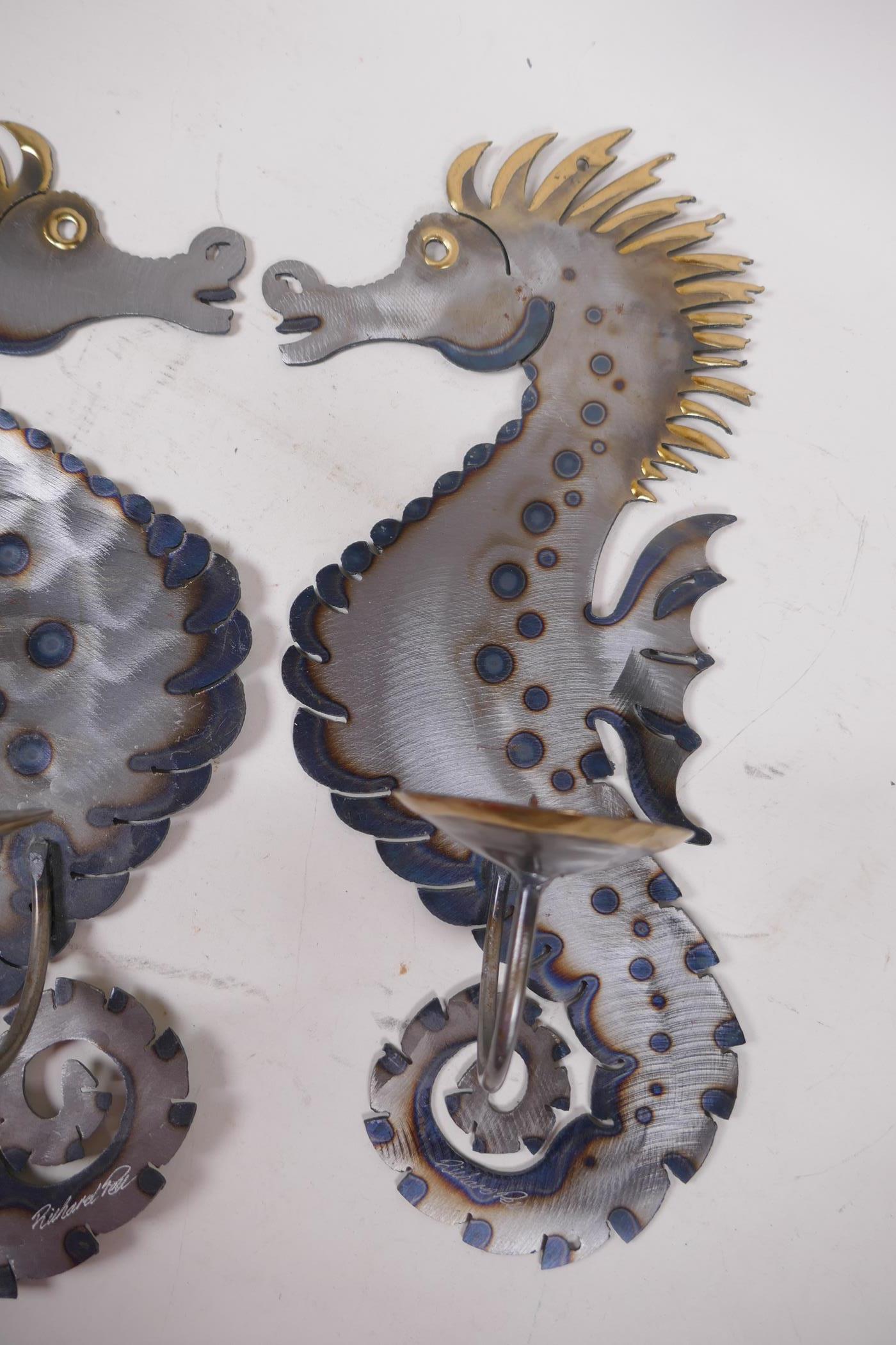 A pair of decorative 'seahorse' candle wall brackets, signed Richard Pell, 42cm high - Image 3 of 4