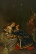 Interior scene with courting couple, unsigned, C19th, in a carved and pierced hardwood frame, oil on
