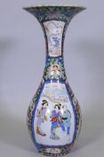 A Meiji Arita floor vase, decorated with two dragons and panels depicting figures in a landscape,