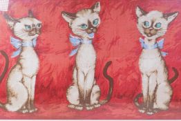 A mid-century textile print of three siamese cats, 74 x 43cms