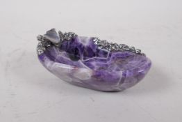 A flourite crystal cigar ashtray with white metal mounts, 14cm long