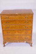 A 1930s walnut five drawer chest, with brass handles, raised on cabriole supports, 87cm x 18cm x