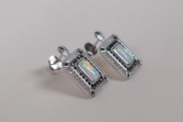 A pair of 925 silver Art Deco style earrings set with opalite panels encircled by cubic zirconia
